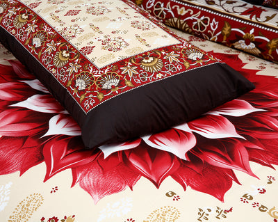 Red Flora 4Pcs Cotton Printed Bedsheet Set