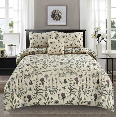 Beige Floral 4Pcs Cotton Printed Bedsheet Set